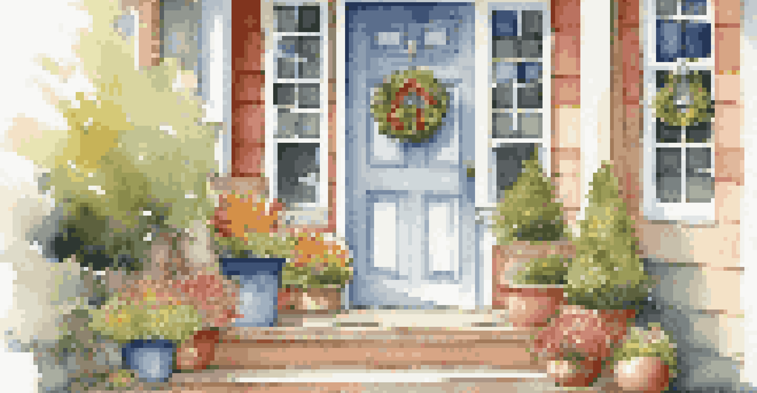 A cozy entryway with a bench, brightly painted front door, seasonal wreath, and colorful planters, creating an inviting and cheerful atmosphere.