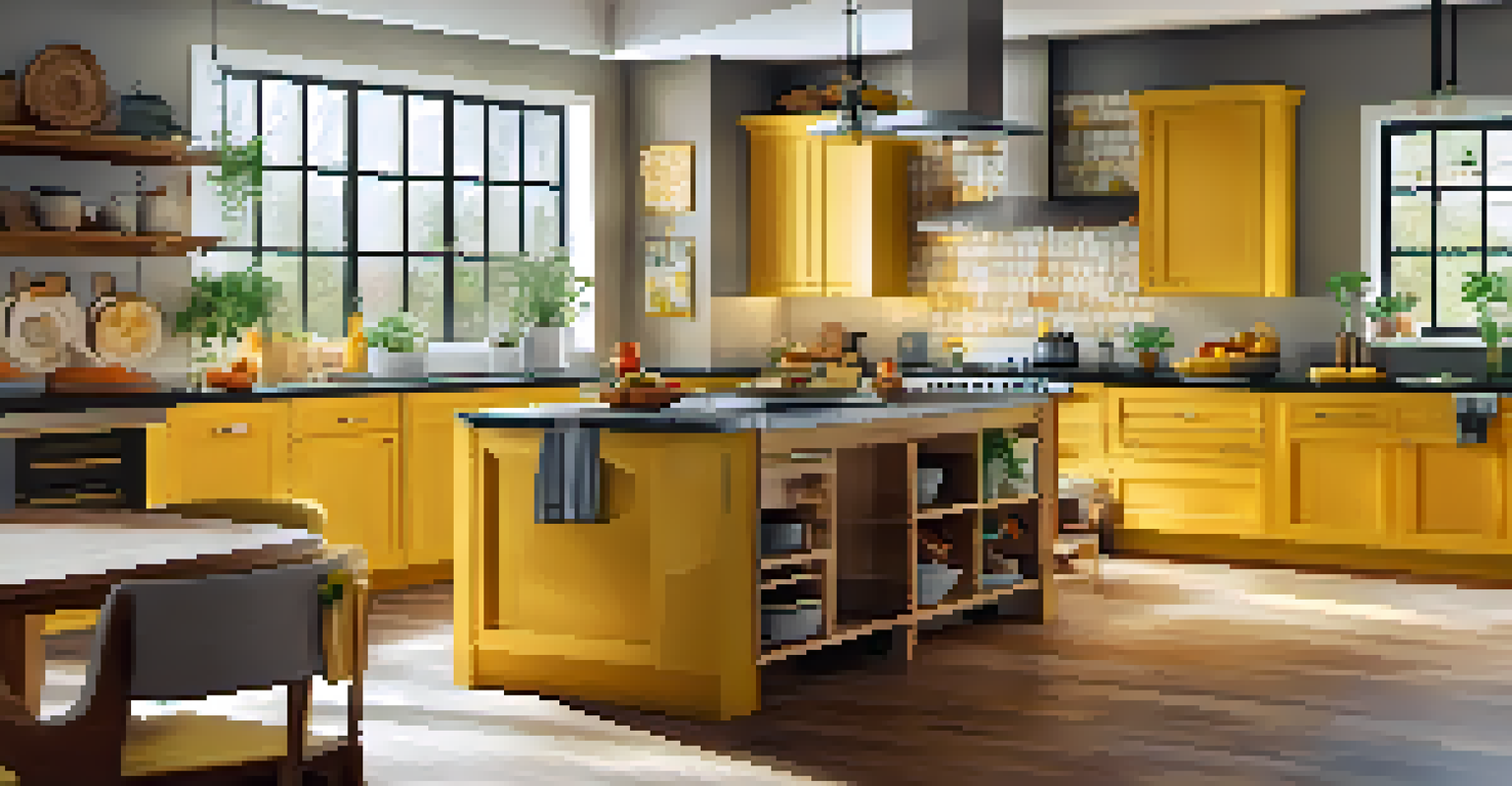A vibrant kitchen with warm yellow and orange accents, featuring a kitchen island with fresh fruits and sunlight streaming through a window.