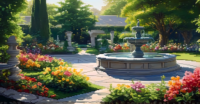 A polished stone fountain in a vibrant garden with flowers and lush greenery, sunlight filtering through the leaves.