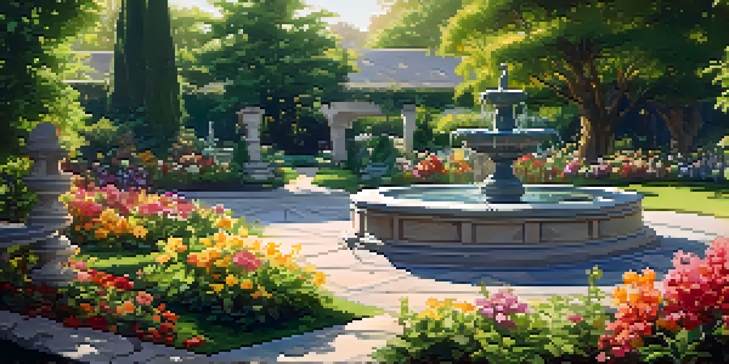 A polished stone fountain in a vibrant garden with flowers and lush greenery, sunlight filtering through the leaves.