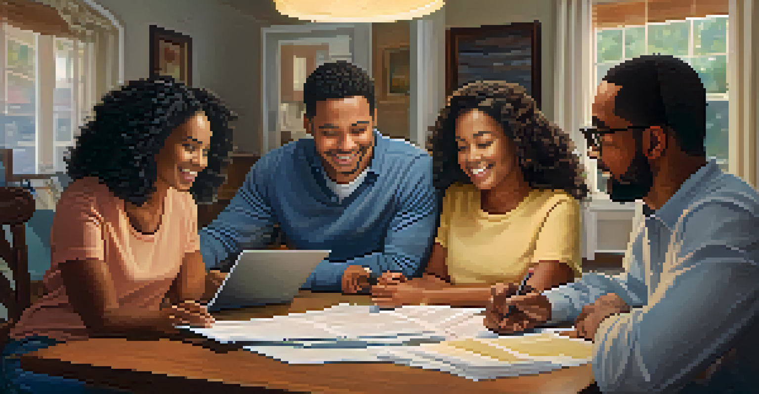 A family sitting together at a table, reviewing insurance policies with a laptop and documents scattered around.