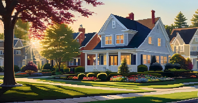 A peaceful suburban neighborhood at sunset with houses and families enjoying the evening.