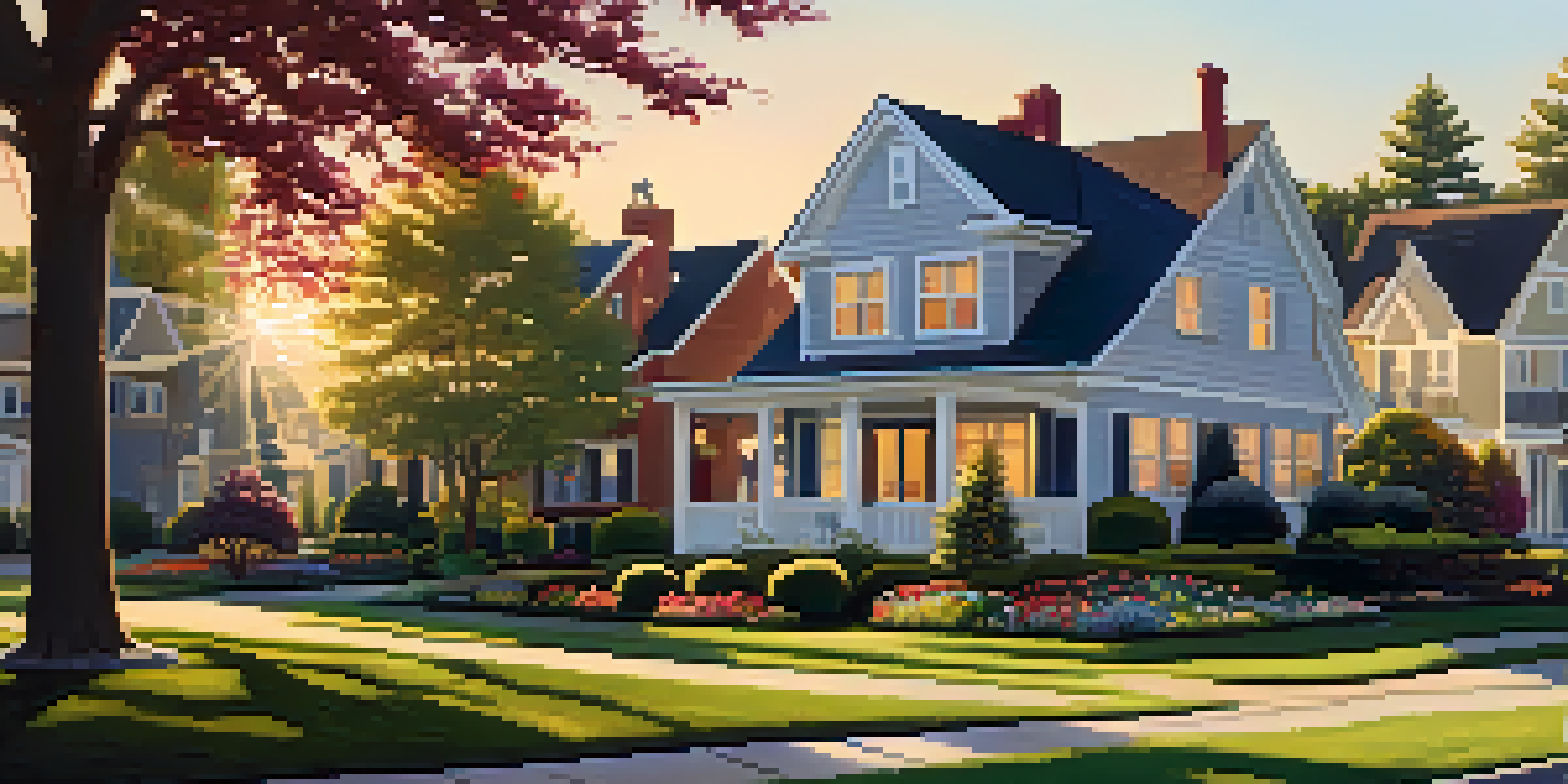 A peaceful suburban neighborhood at sunset with houses and families enjoying the evening.