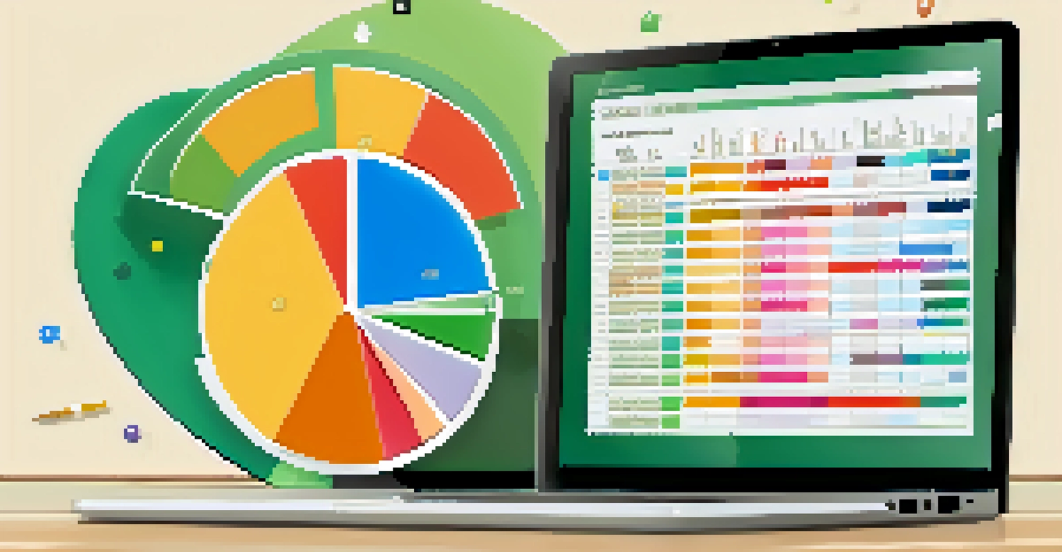 A close-up of a laptop screen displaying a rental property budget spreadsheet with graphs and charts, with a hand holding a pen.