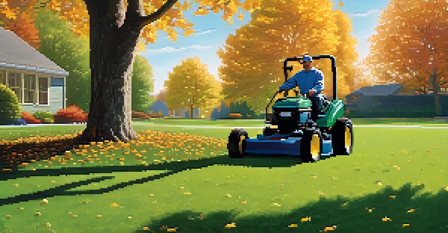 A gardener aerating a lush green lawn with visible soil holes against a backdrop of autumn trees.