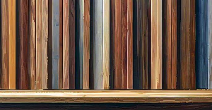 A close-up view of high-quality wood planks with visible grain patterns and a smooth finish on a wooden workbench.