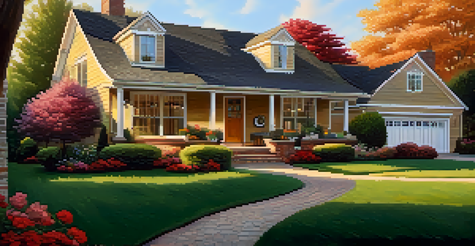 A beautiful home with a manicured lawn and vibrant flowers, illuminated by warm golden sunlight during sunset.