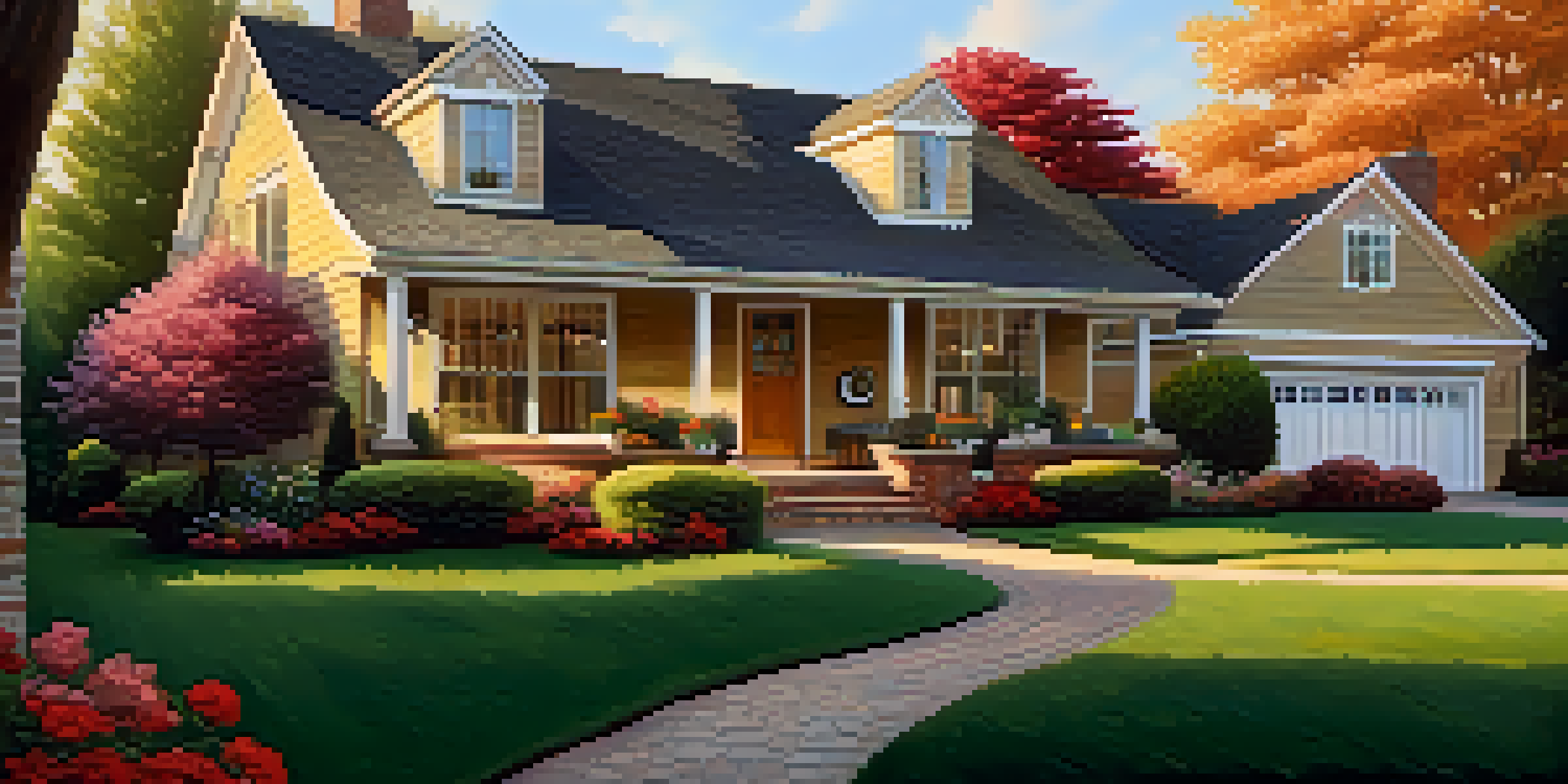 A beautiful home with a manicured lawn and vibrant flowers, illuminated by warm golden sunlight during sunset.