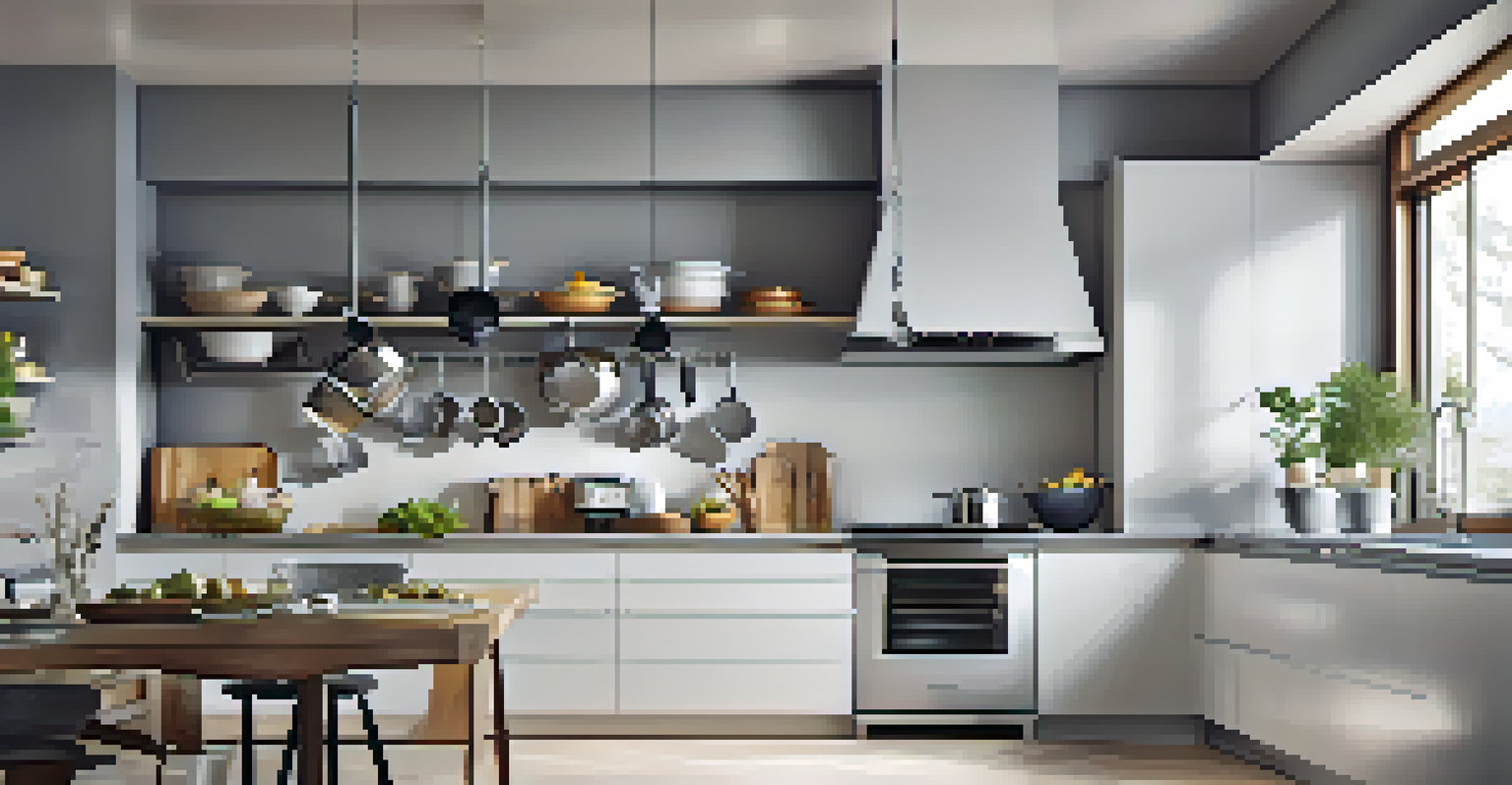 A stylish kitchen with a wall-mounted rack displaying pots and pans, complemented by white and gray cabinets and a colorful fruit bowl.