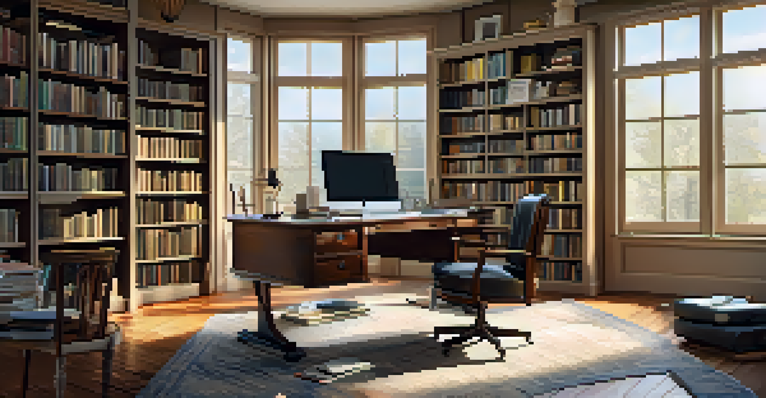 A stylish home office featuring a desk, chair, and bookshelves, illuminated by natural light.