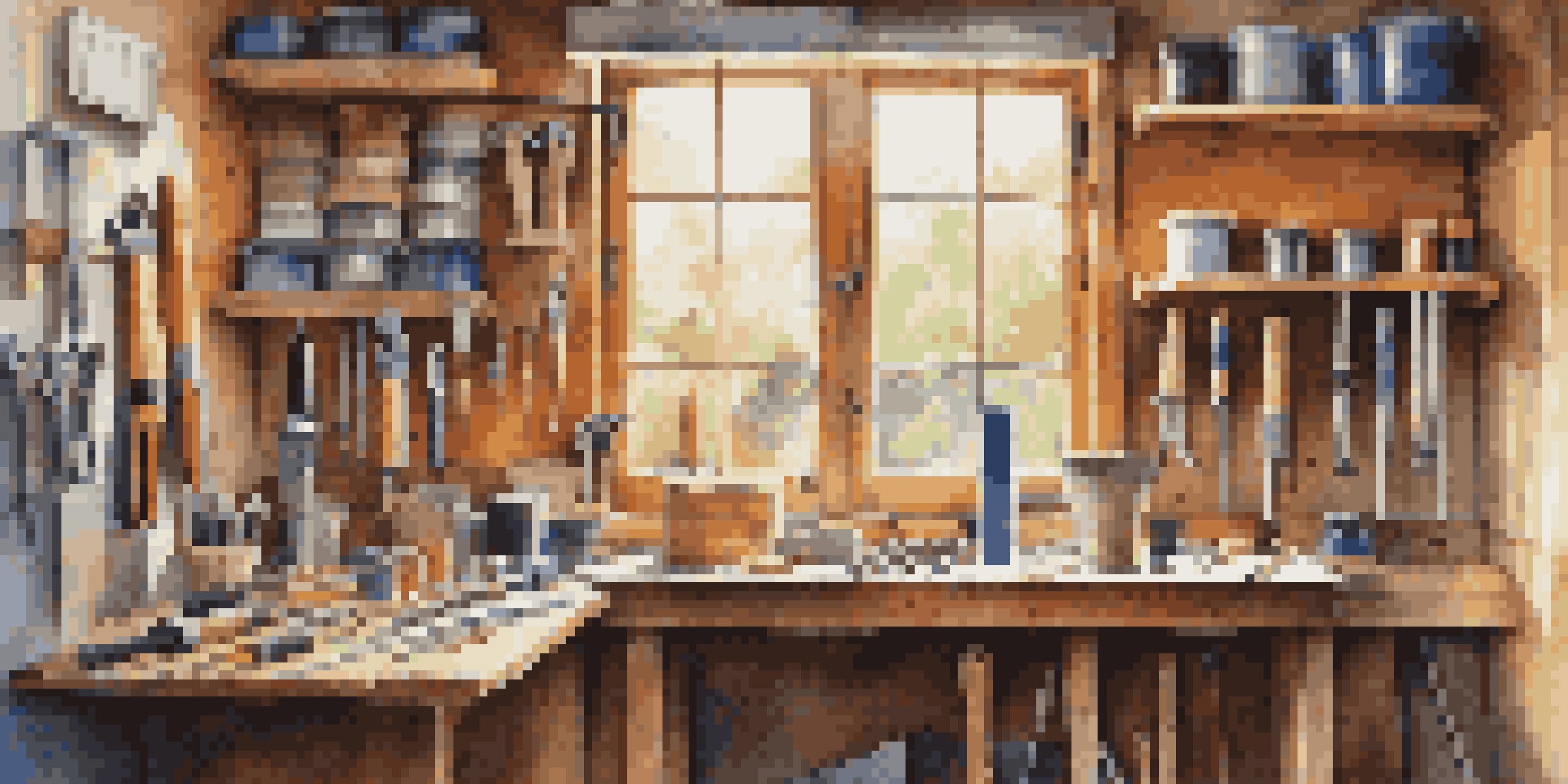 An organized home workshop showcasing hand tools like a hammer, screwdrivers, and pliers on a pegboard, illuminated by soft natural light.