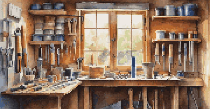 An organized home workshop showcasing hand tools like a hammer, screwdrivers, and pliers on a pegboard, illuminated by soft natural light.