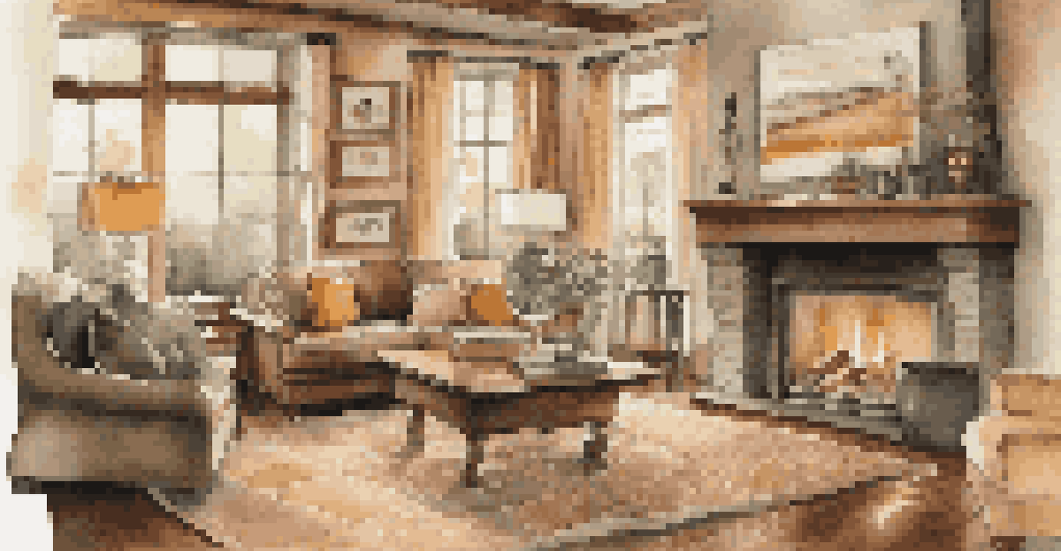 A cozy living room with a fireplace, plush furniture, and large windows allowing sunlight to enter, featuring earthy tones.