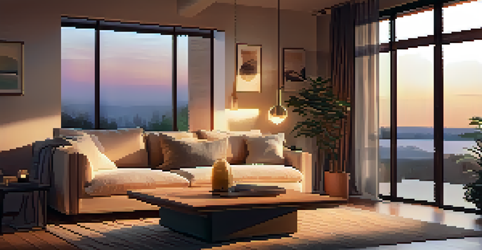 A modern living room featuring a voice assistant device on a coffee table with warm lighting and a sunset view through the window.
