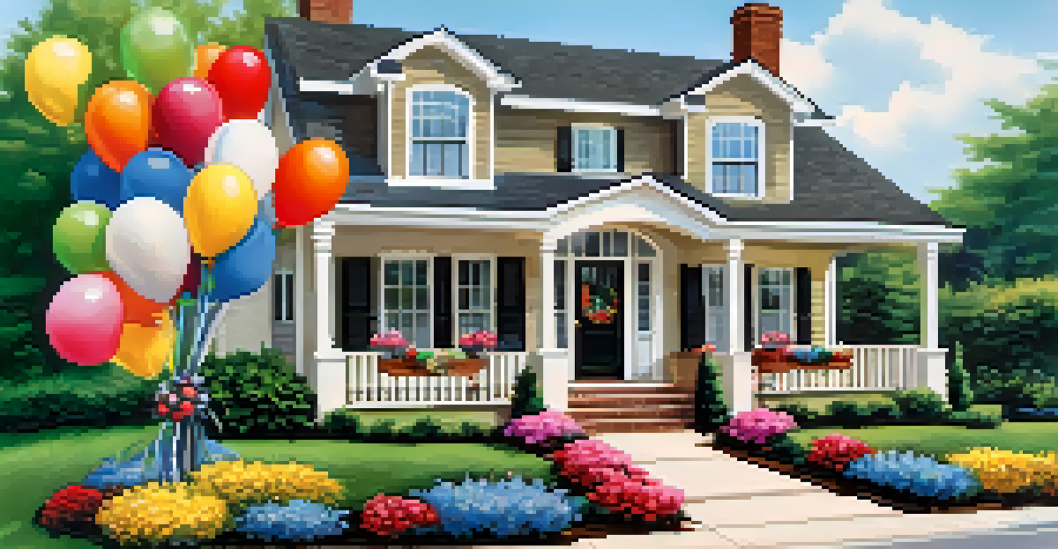 An outdoor view of a home during an open house, complete with balloons and a welcoming front yard, with agents interacting with visitors.