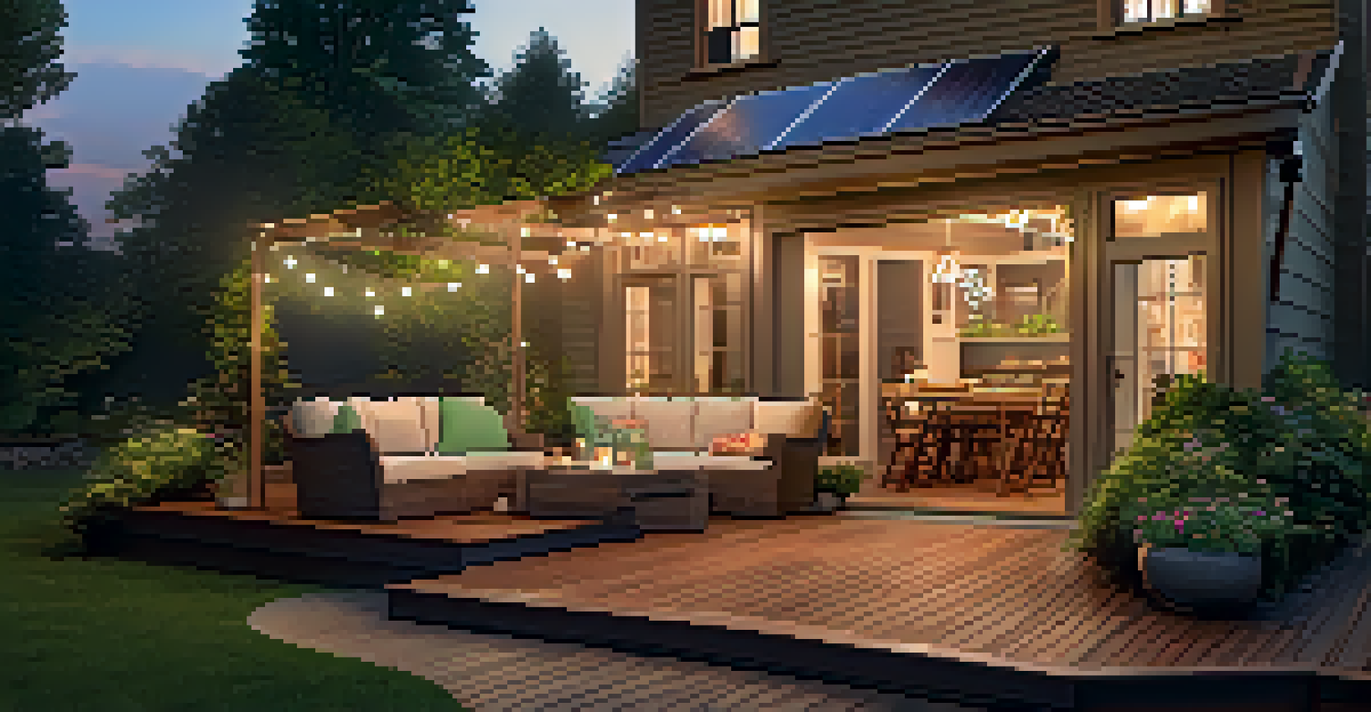 A cozy wooden deck with comfortable seating and a fire pit, surrounded by greenery and illuminated by solar-powered lights in the evening.