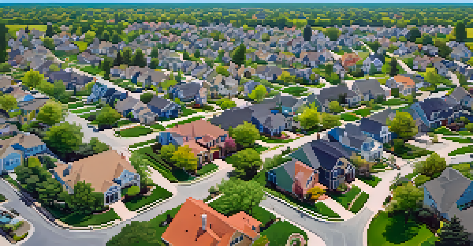Aerial view of a suburban neighborhood with houses, gardens, and streets, showcasing vibrant green lawns and colorful rooftops.