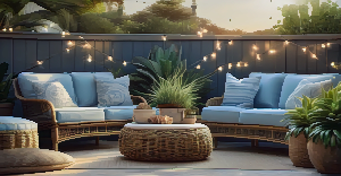 An outdoor living area with blue cushions on wicker chairs, surrounded by plants and illuminated by sunset light.