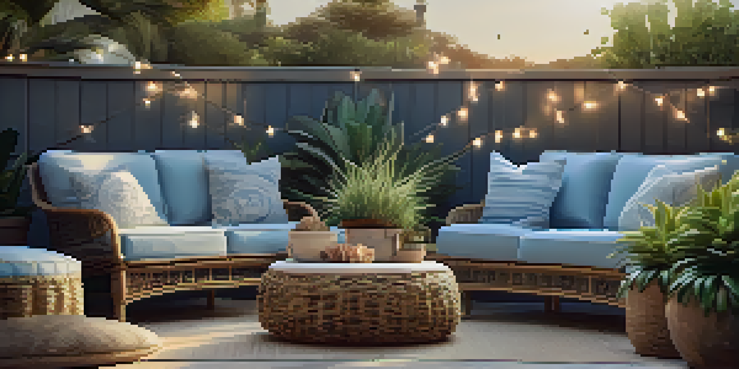 An outdoor living area with blue cushions on wicker chairs, surrounded by plants and illuminated by sunset light.