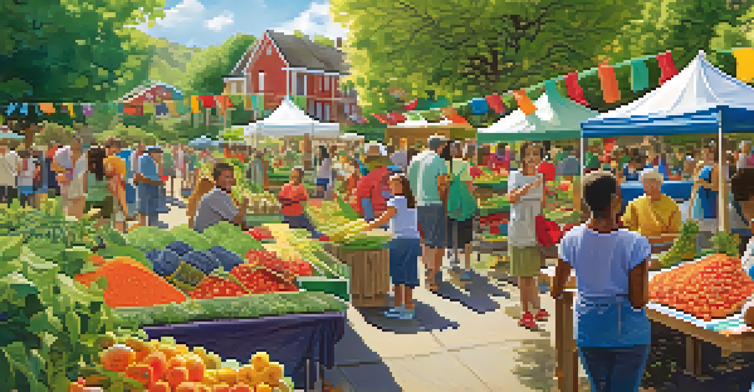 A festive harvest celebration in a community garden with families enjoying fresh produce and decorations.
