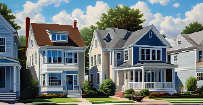 A peaceful landscape showcasing various types of real estate, including apartments, an office building, and a vacation cottage under a clear blue sky.