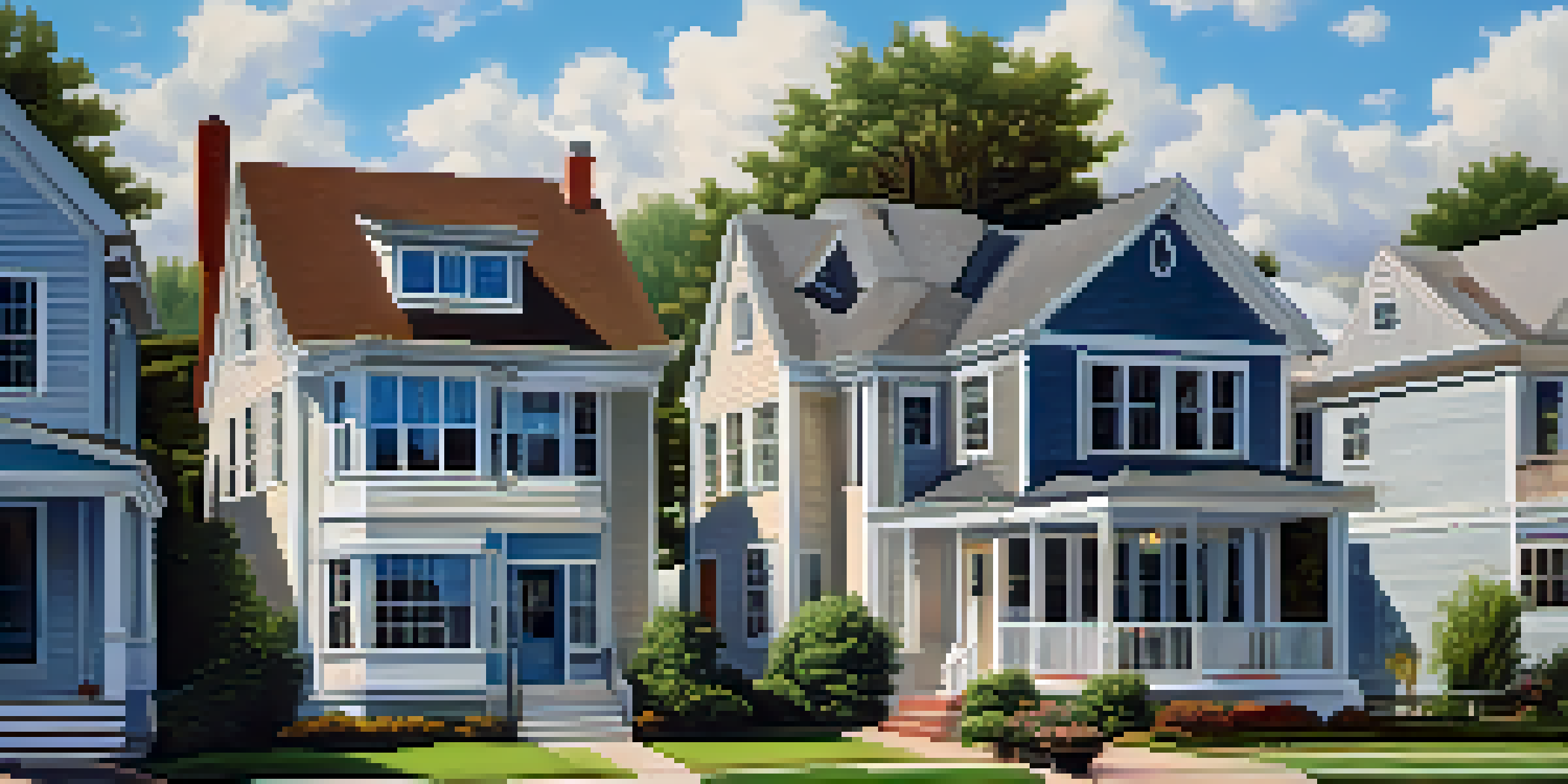 A peaceful landscape showcasing various types of real estate, including apartments, an office building, and a vacation cottage under a clear blue sky.