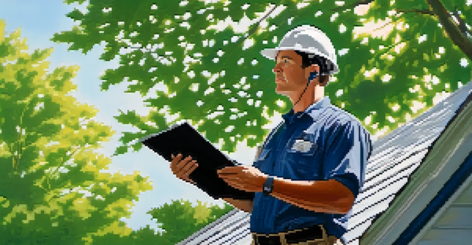 A home inspector checking the roof of a house while surrounded by trees, with sunlight filtering through the leaves.