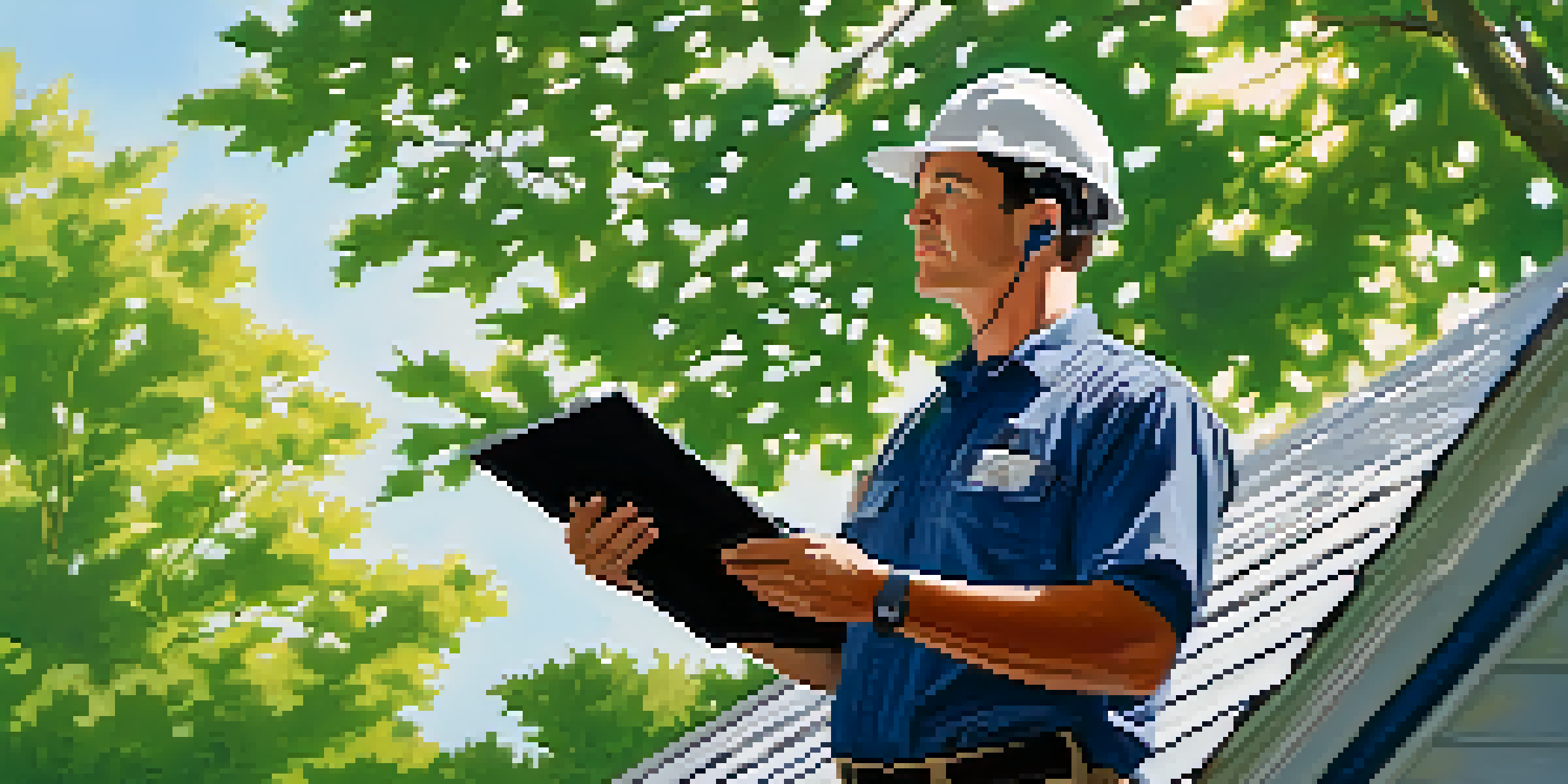 A home inspector checking the roof of a house while surrounded by trees, with sunlight filtering through the leaves.