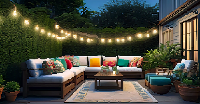 An inviting outdoor patio with cozy seating, vibrant plants, and warm string lights, set in a lush garden.