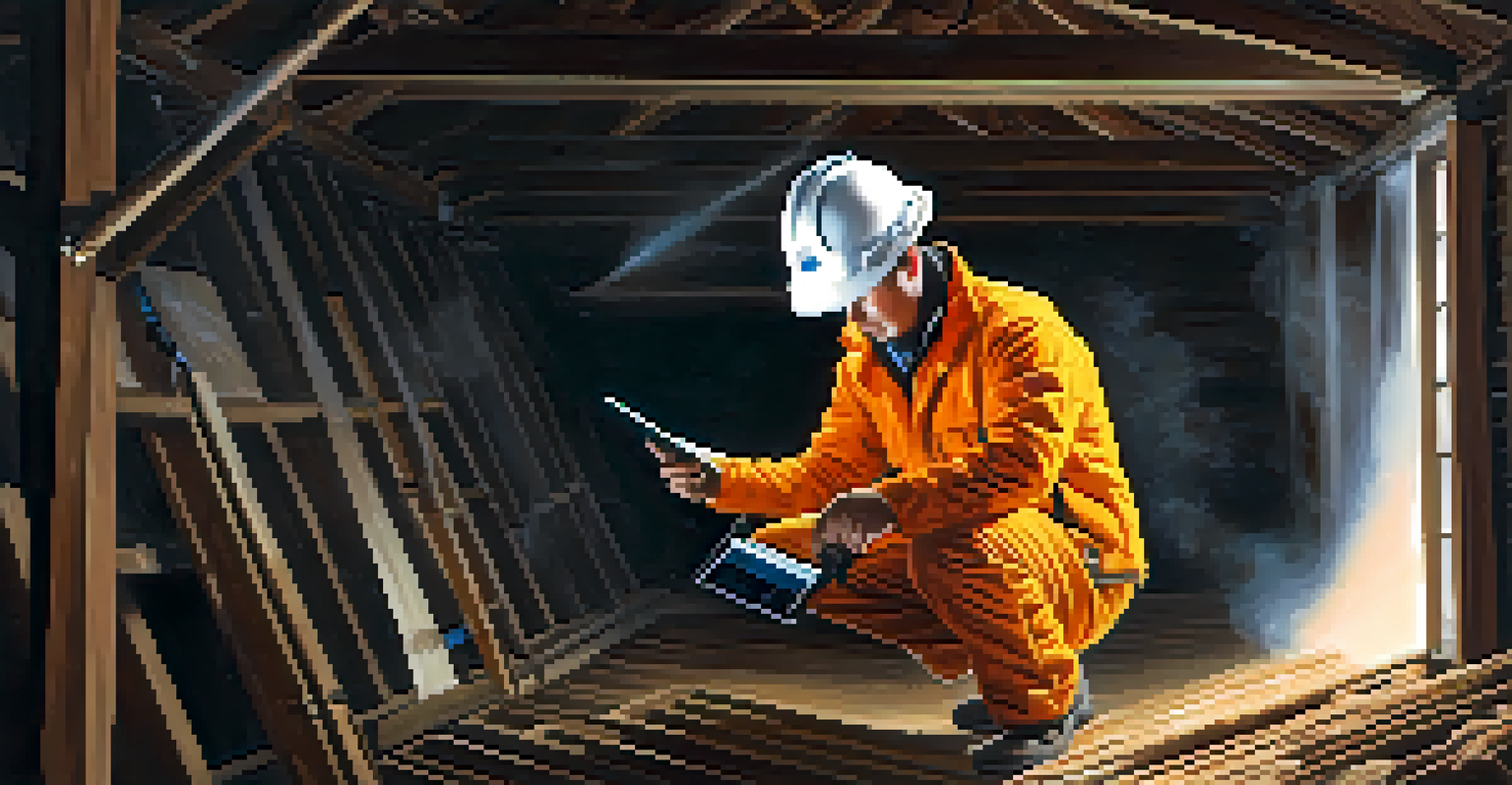 An inspector checking ventilation in a clean attic, with visible air vents and insulation, showcasing safety precautions.
