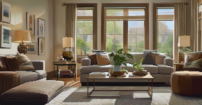 A warm and inviting living room with a comfortable sofa, soft lighting, and natural light from large windows.