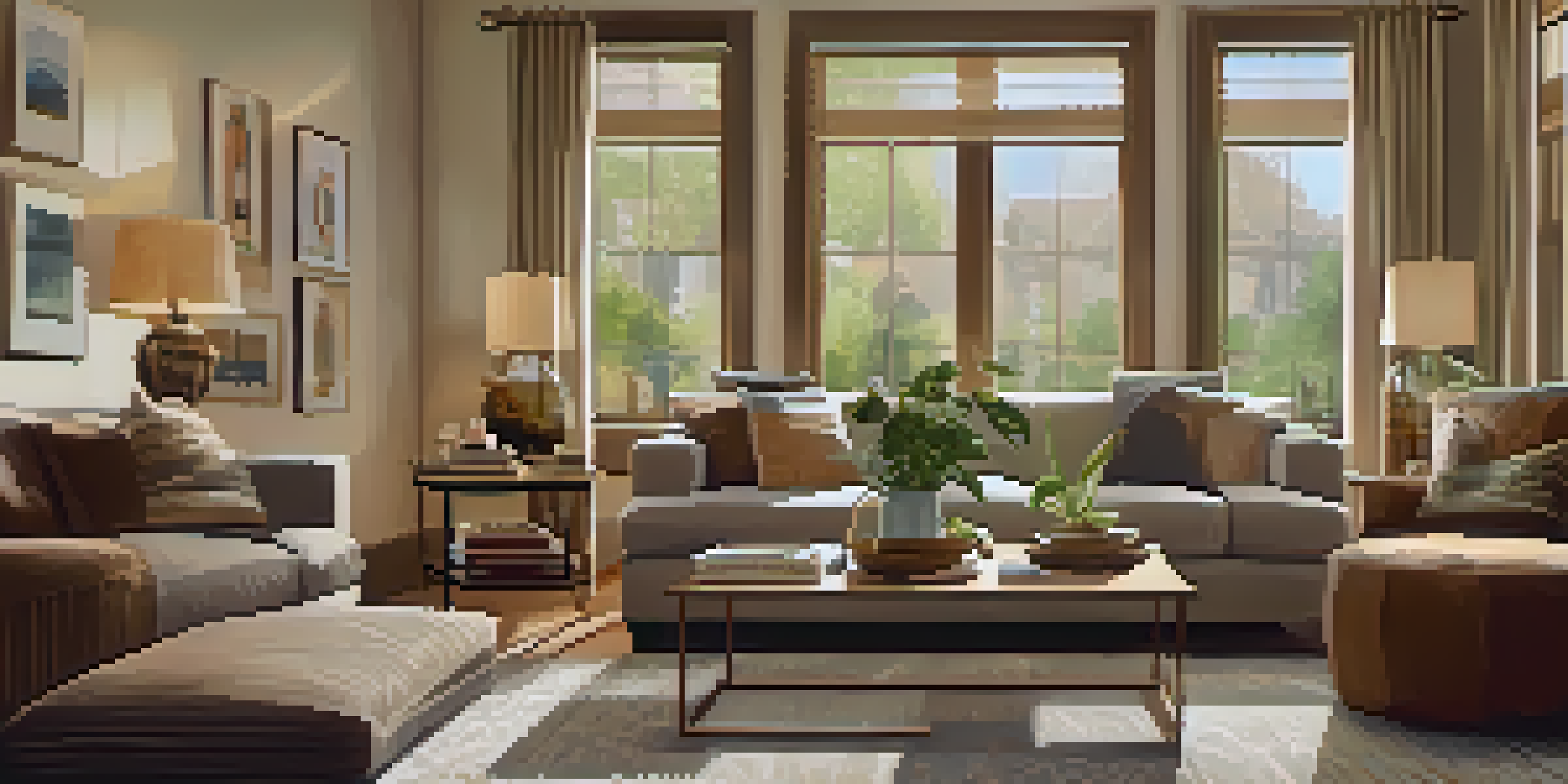 A warm and inviting living room with a comfortable sofa, soft lighting, and natural light from large windows.