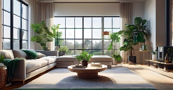 A modern living room with a sleek smart thermostat on the wall, cozy furniture, and natural light coming through the windows.