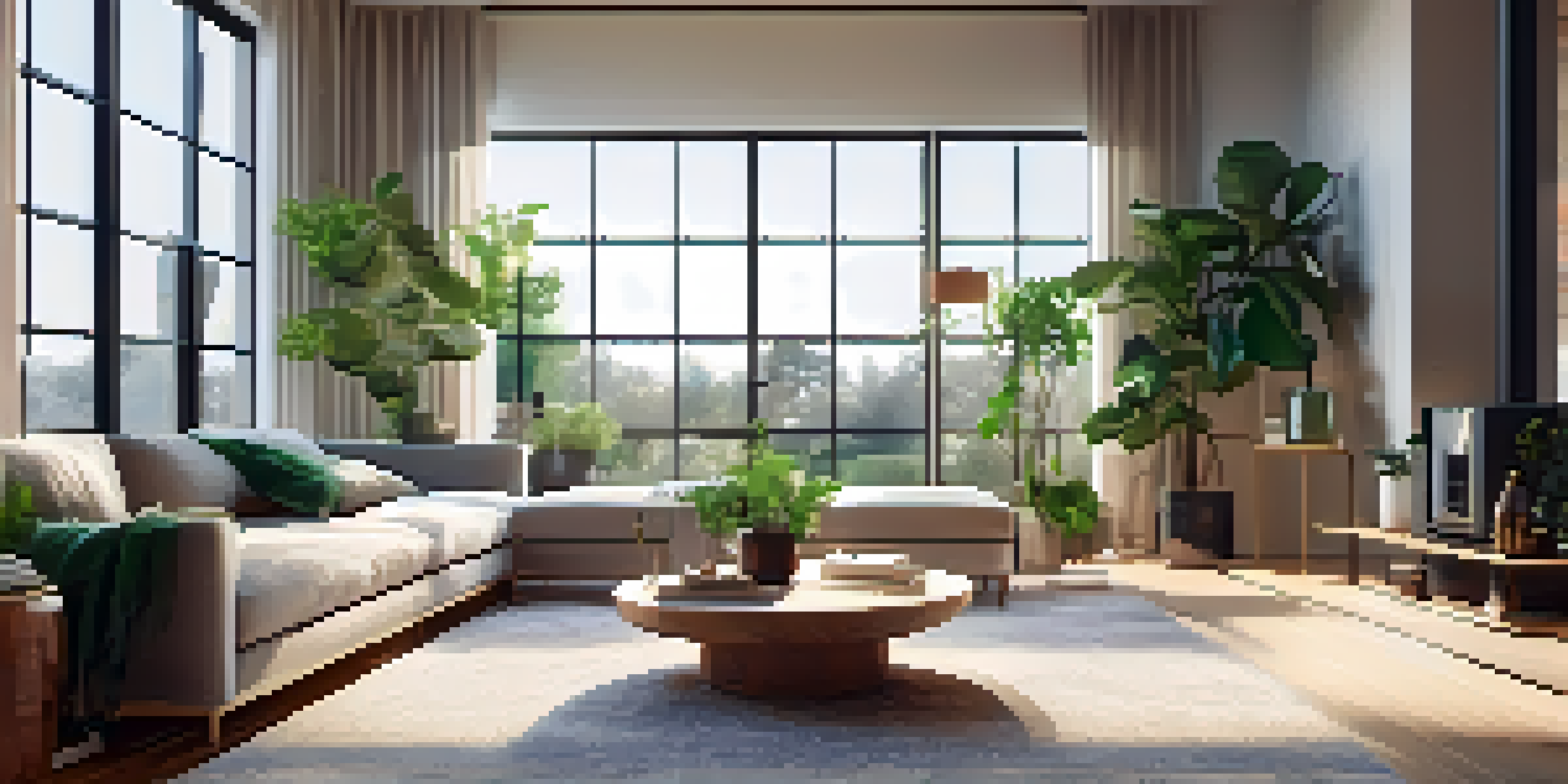 A modern living room with a sleek smart thermostat on the wall, cozy furniture, and natural light coming through the windows.