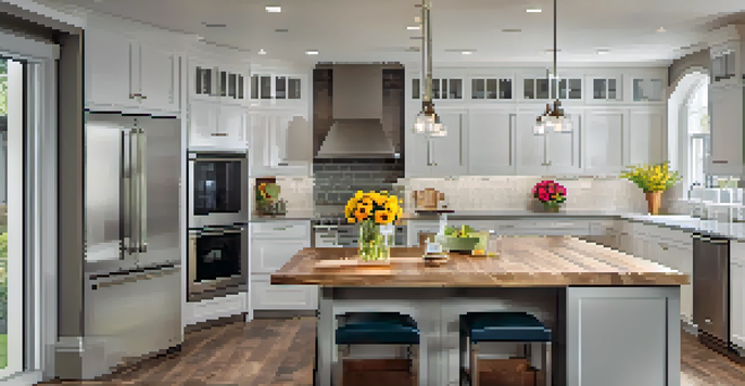 A modern kitchen with renovated features including an island and stainless steel appliances, illuminated by warm lighting.