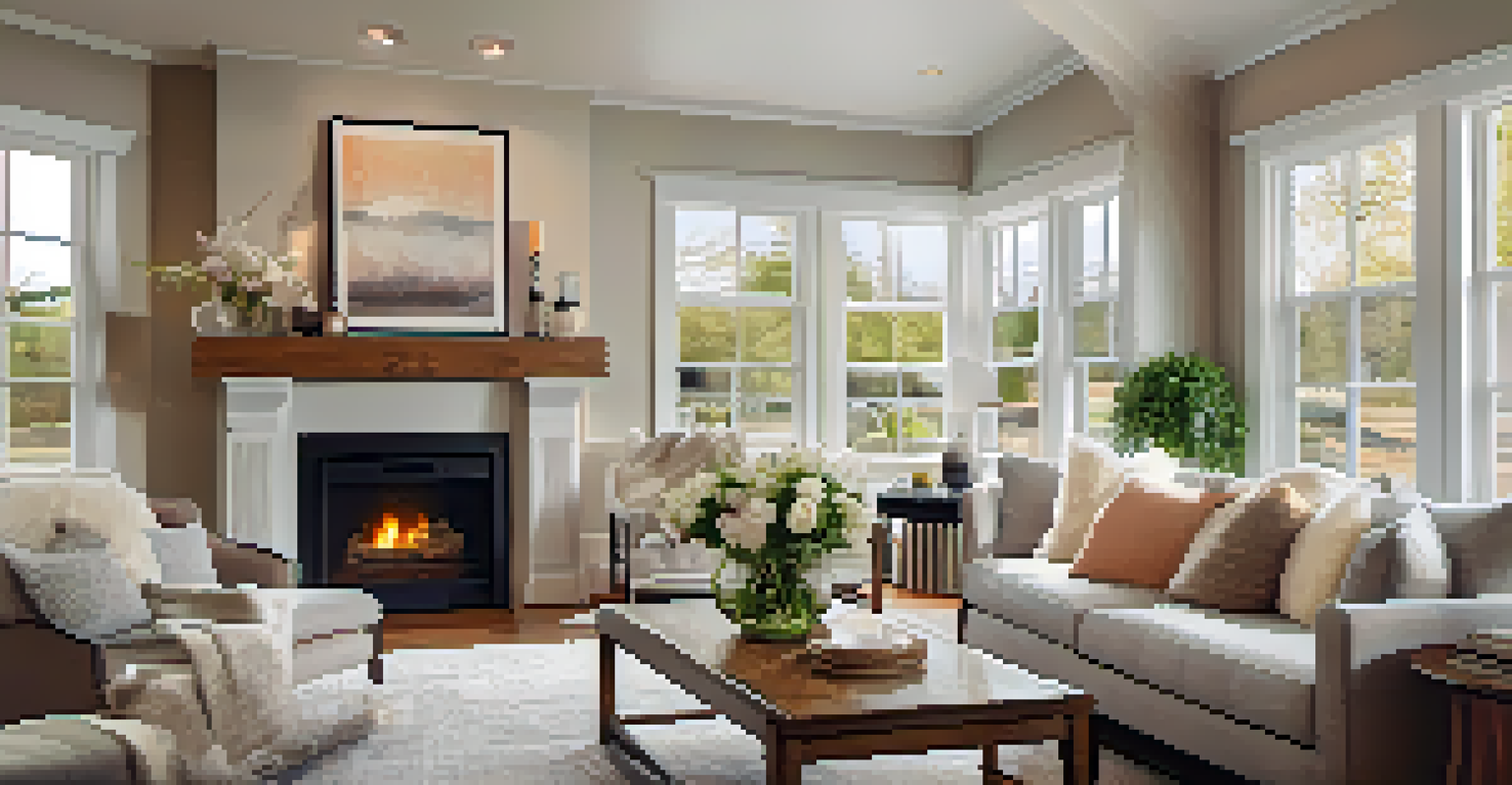 A cozy living room with a fireplace, elegant furniture, and natural light creating a warm atmosphere.