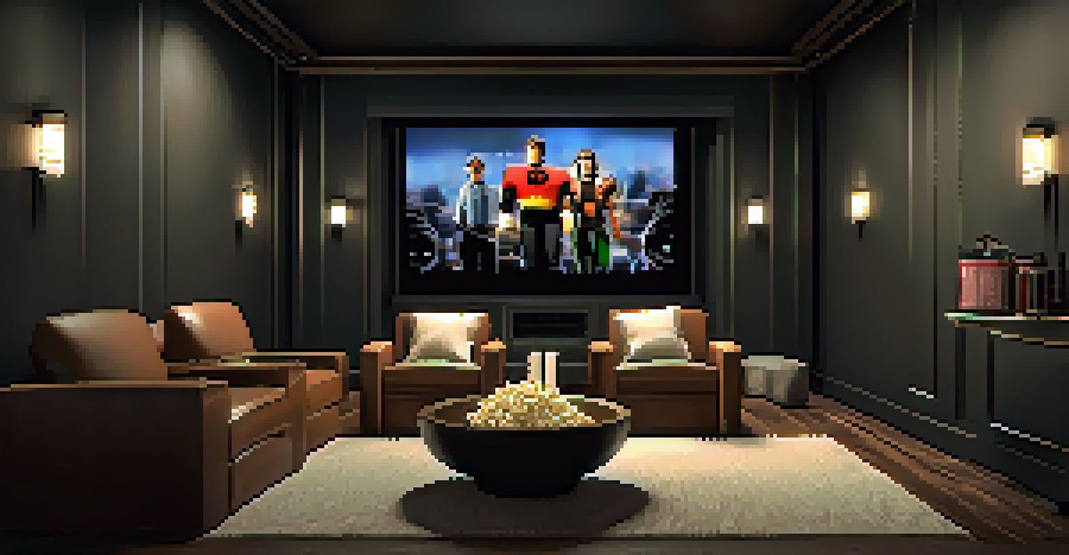 A cozy home theater with a large screen, comfortable seating, and a sound system, creating an immersive movie-watching environment.