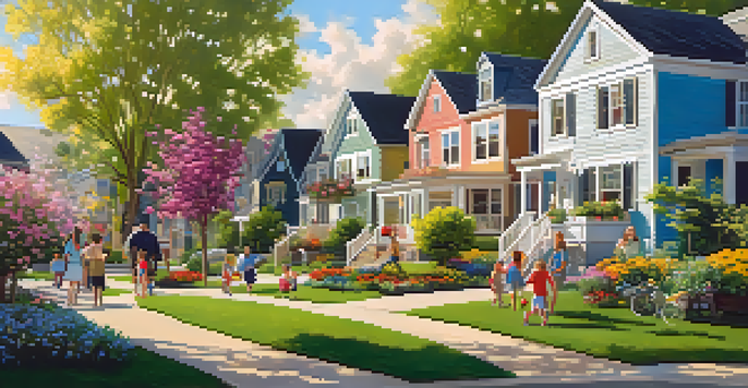 A lively spring neighborhood with colorful houses and blooming flowers, families outdoors, and a bright blue sky.