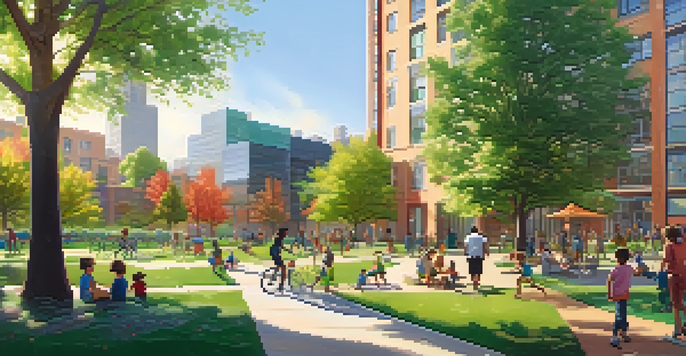 A lively urban park with green spaces, community gardens, and eco-friendly buildings, featuring families and children enjoying outdoor activities.