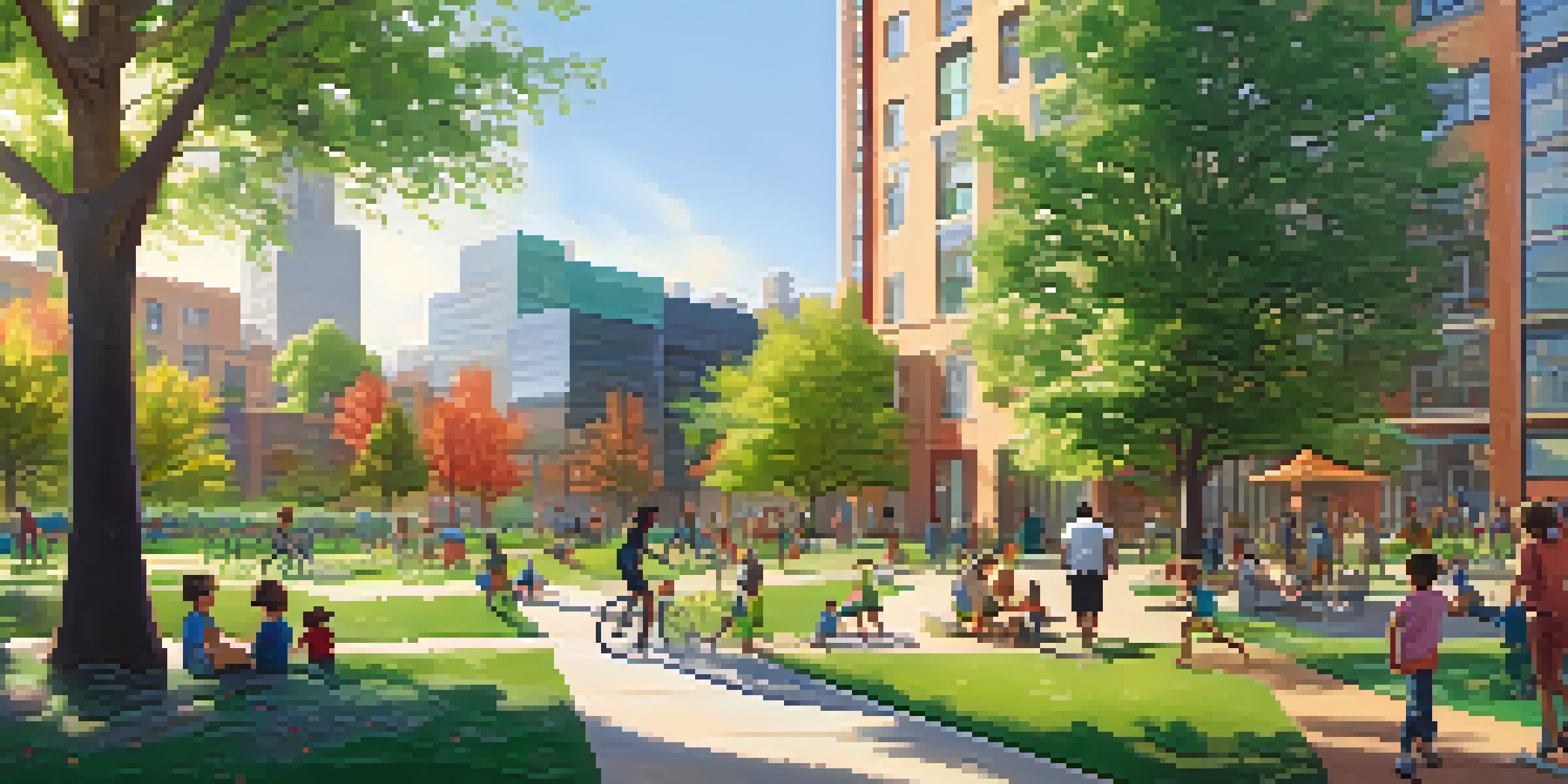 A lively urban park with green spaces, community gardens, and eco-friendly buildings, featuring families and children enjoying outdoor activities.