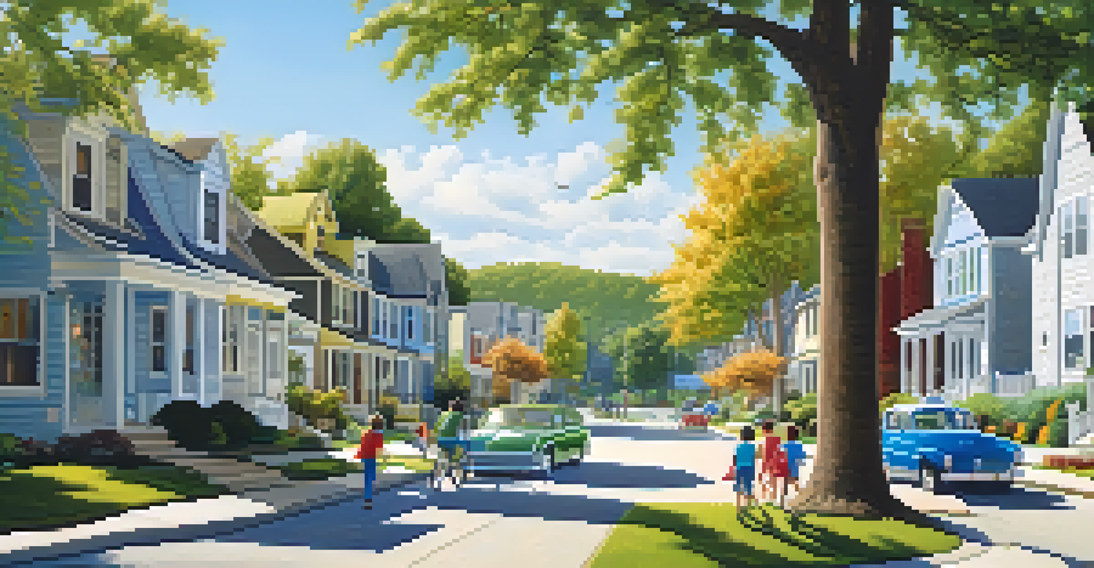 A picturesque neighborhood with families enjoying the outdoors and well-maintained homes.