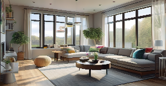 A bright and cozy living room with large windows, a plush sofa, and a virtual tour interface displayed on a screen.