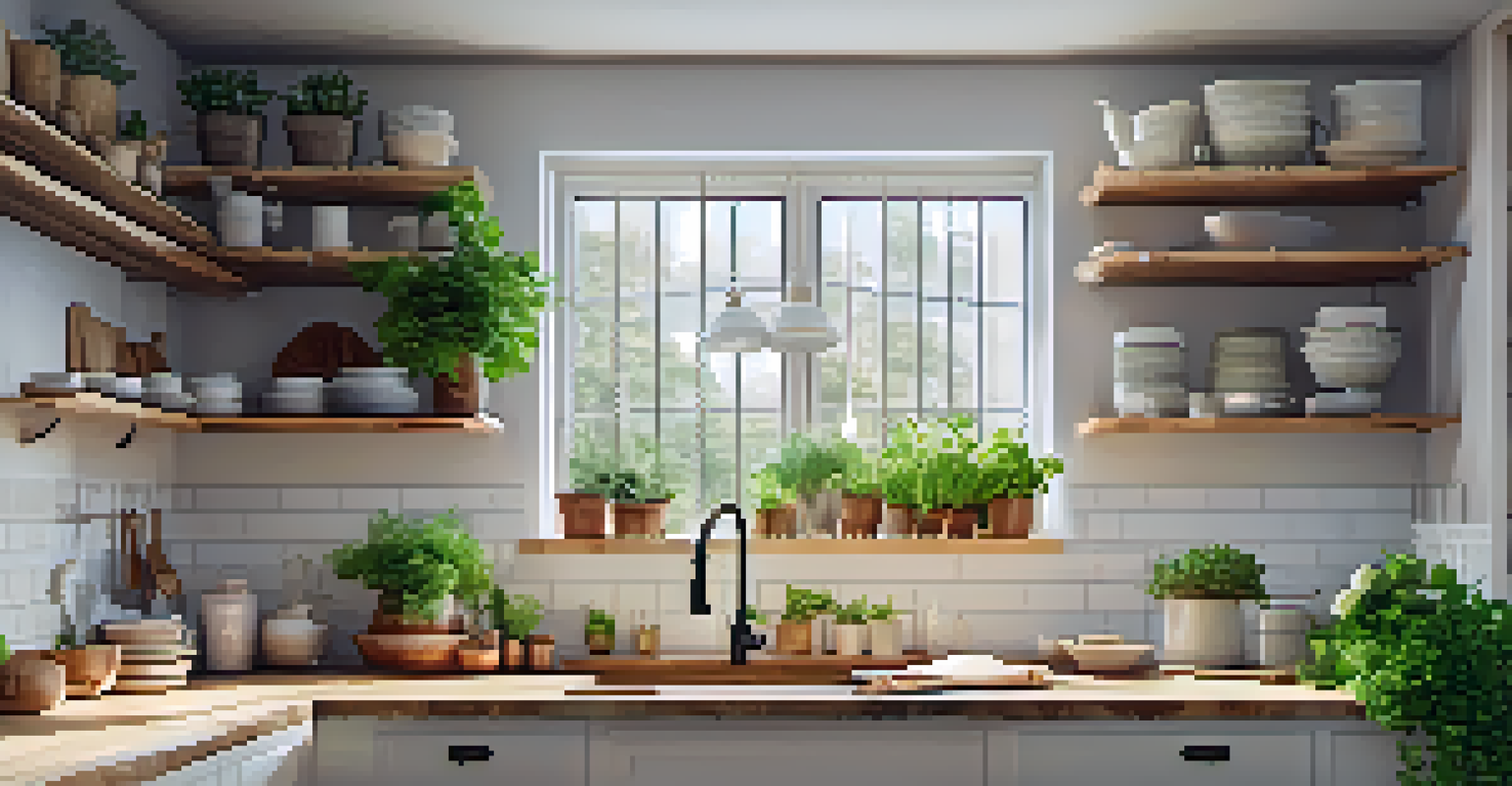 A bright kitchen with linen curtains, organic cotton towels, and fresh herbs on the windowsill, illuminated by LED lights.