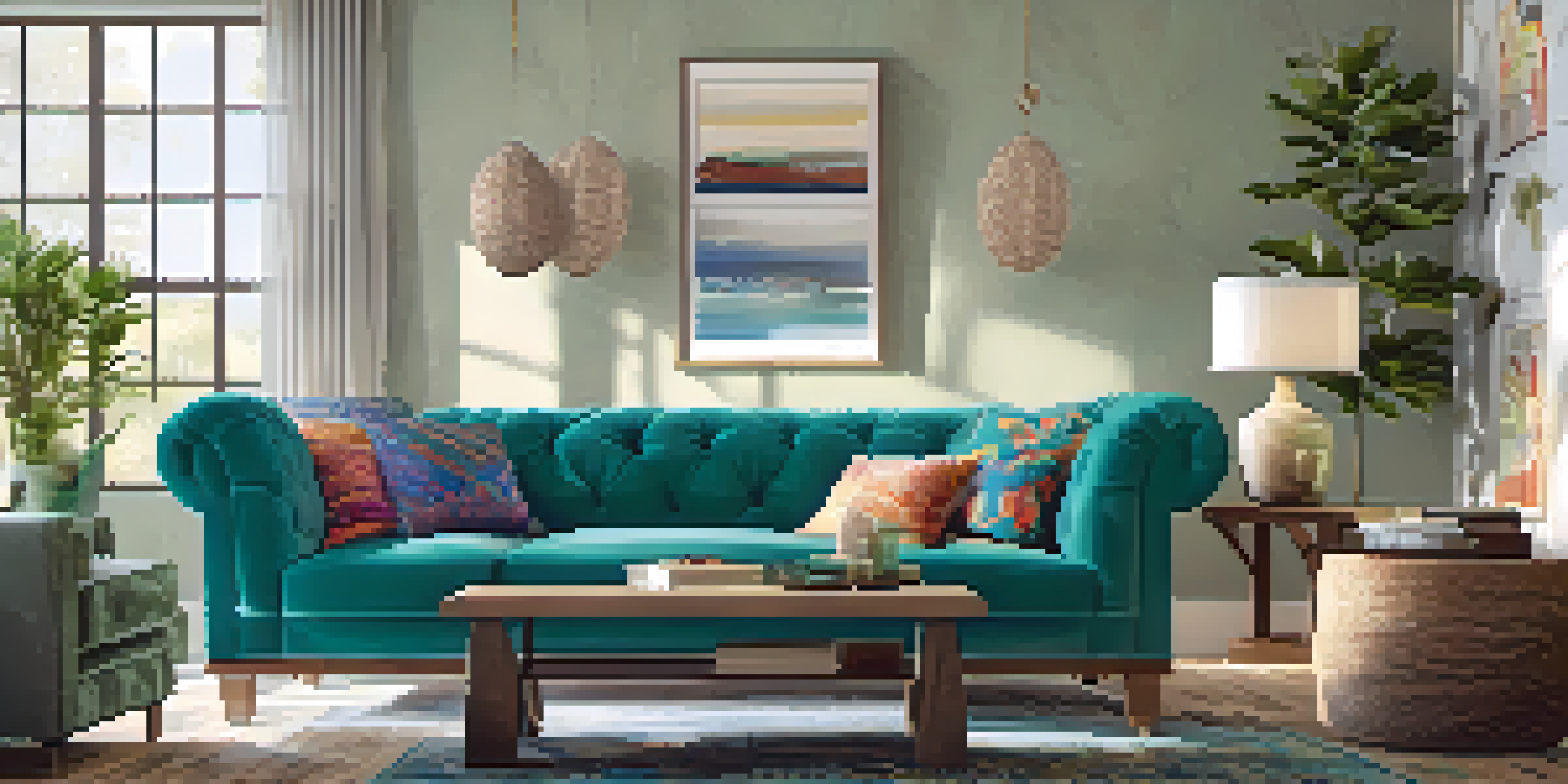 A cozy living room featuring a vibrant teal sofa, textured wallpaper, a rustic coffee table, and natural light coming through large windows.