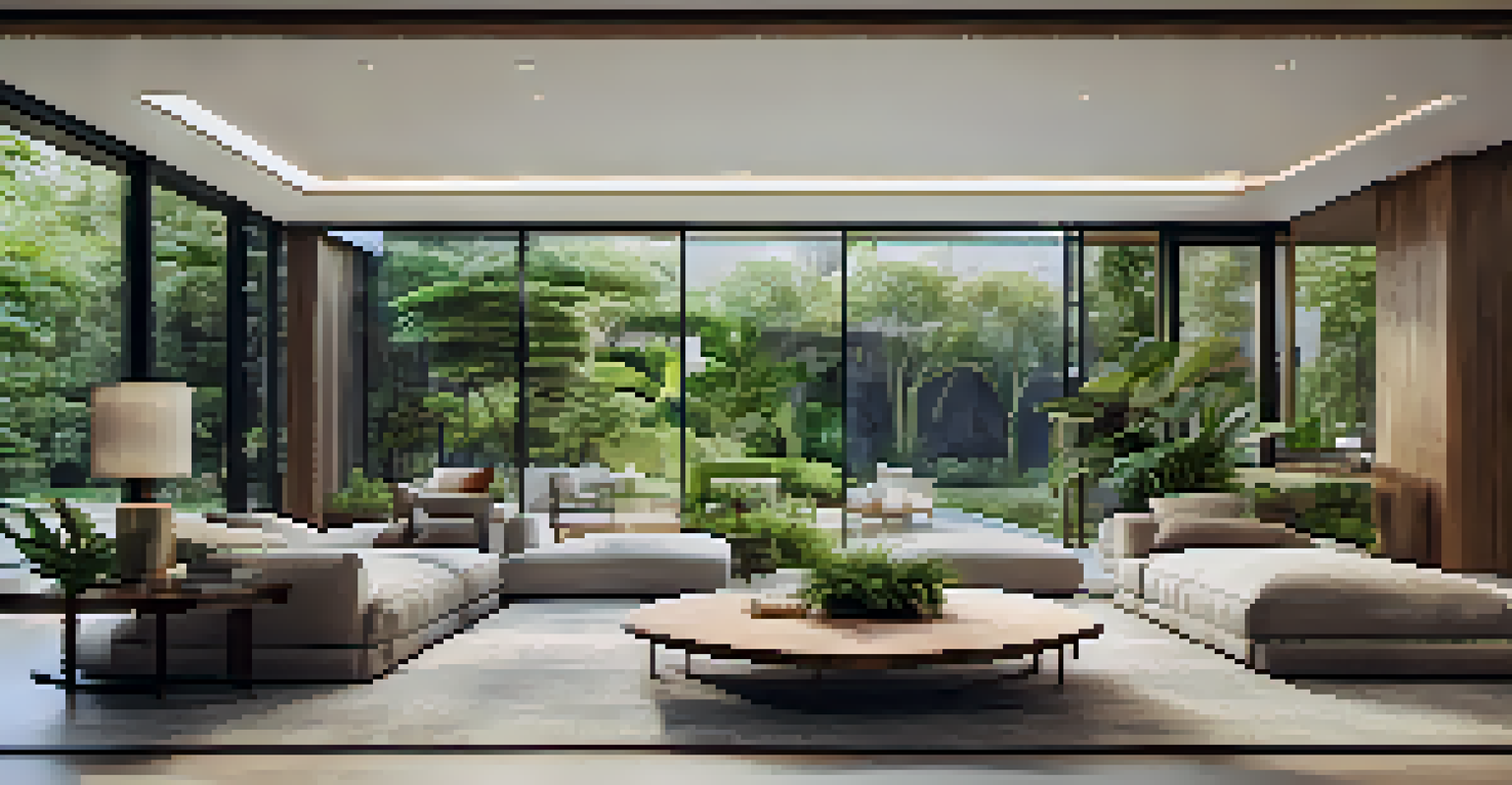 A biophilic designed living area that opens to a garden, showcasing natural elements and a seamless indoor-outdoor flow.