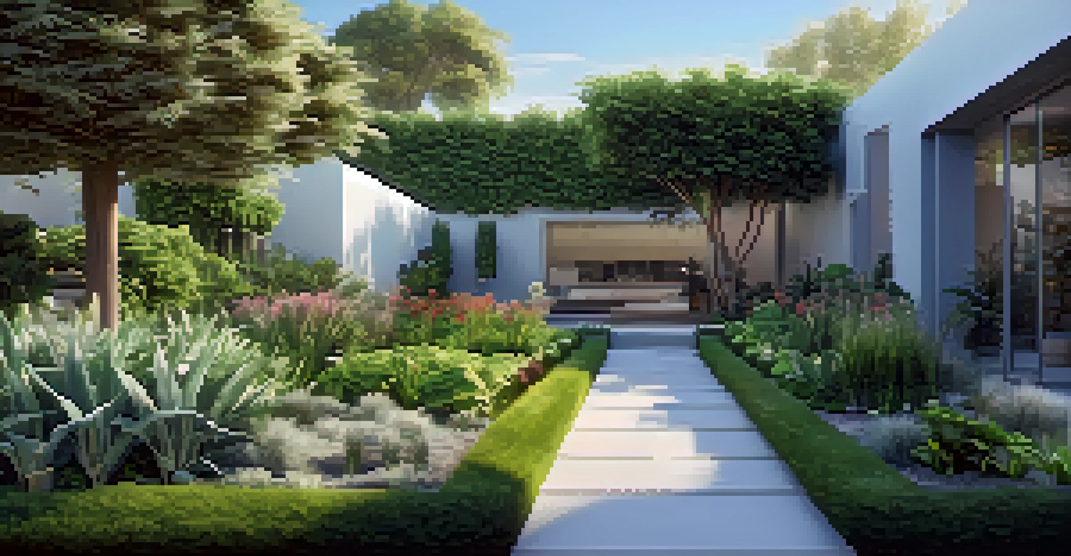 A modern garden showcasing an automated irrigation system with lush plants and clear blue skies, highlighting the healthy greenery.