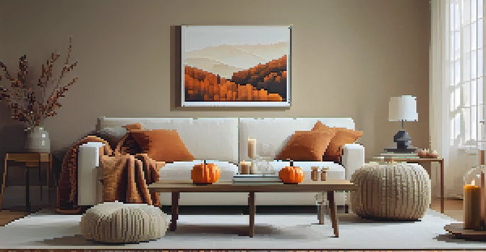 A cozy living room decorated for autumn with a pumpkin on the coffee table and warm lighting from candles.
