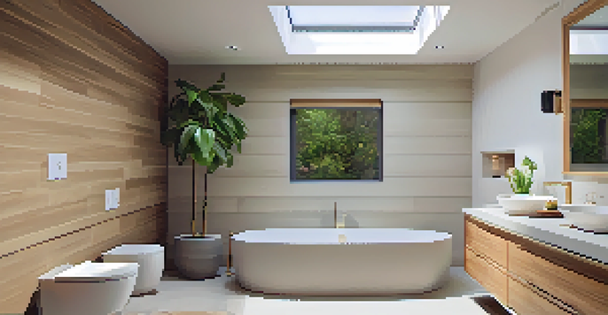 A bright bathroom showcasing energy-efficient features like a dual-flush toilet and low-flow showerhead, illuminated by natural light through a skylight.
