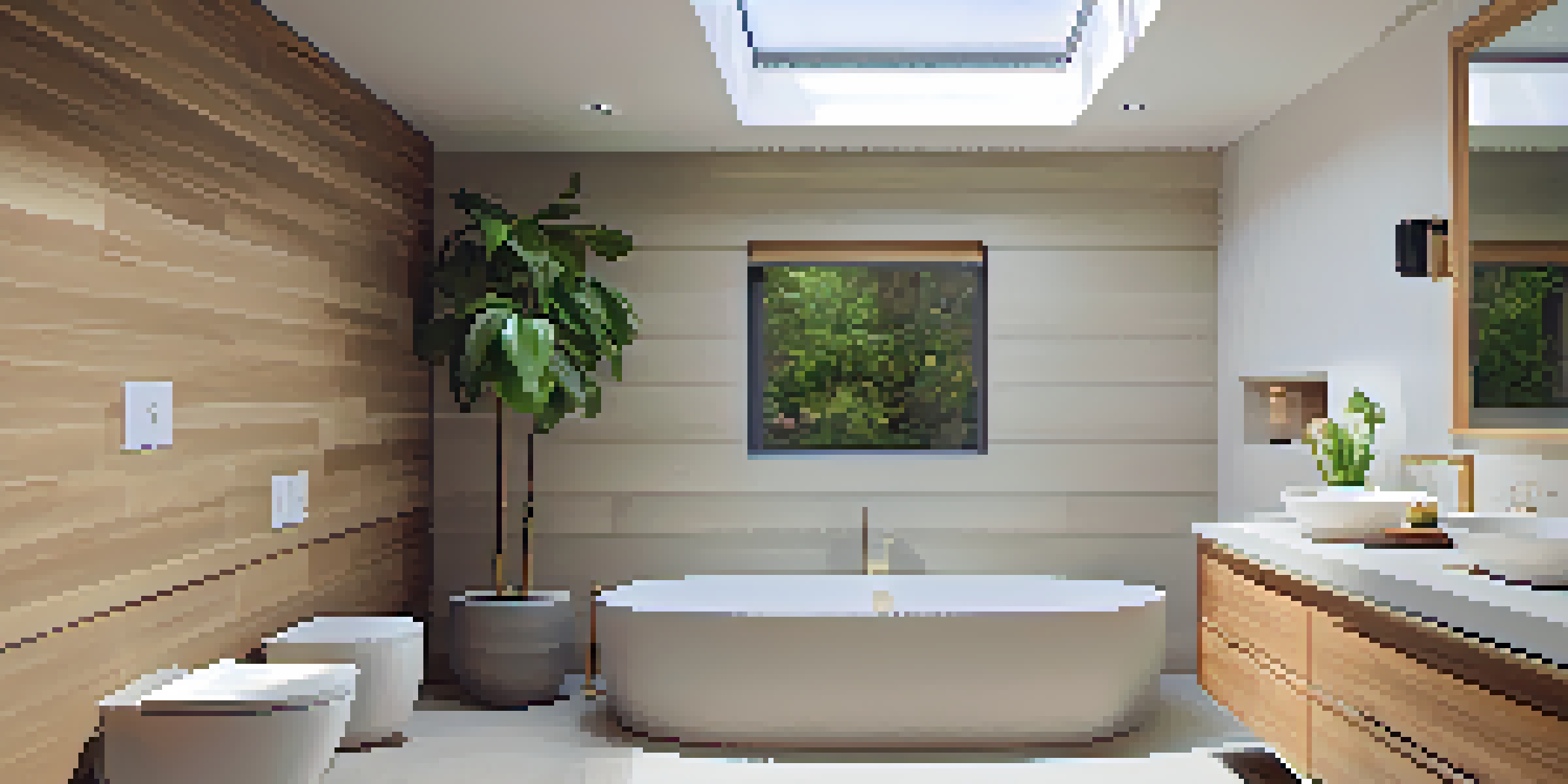 A bright bathroom showcasing energy-efficient features like a dual-flush toilet and low-flow showerhead, illuminated by natural light through a skylight.