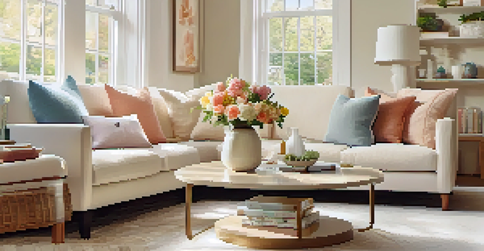 A cozy and inviting living room with a sofa, coffee table, and large window letting in sunlight, designed for an open house.